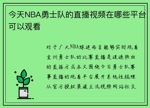 今天NBA勇士队的直播视频在哪些平台可以观看